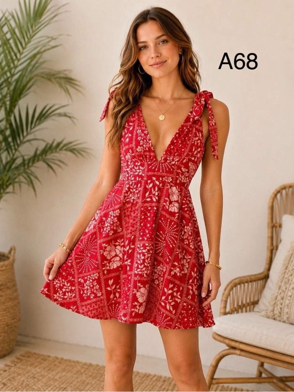 House of Harlow 1960 Red Floral V‑Neck summer Tie‑Shoulder Mini Dress